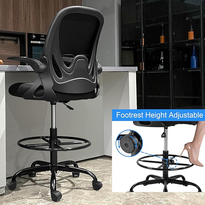 Primy Drafting Chair Tall Office Chair with Flip-up Armrests Executive Ergonomic Computer Standing Desk Chair with Lumbar Support and Adjustable Footrest Ring (Black)-DeskLoop Office