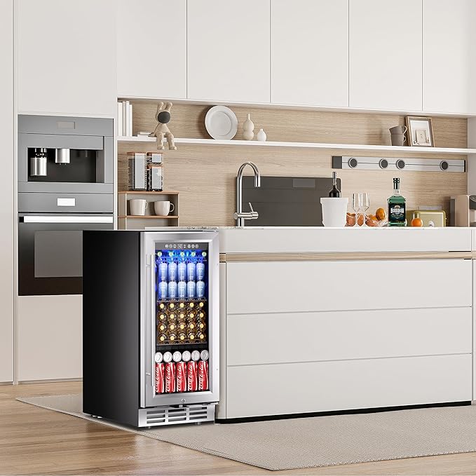 EUHOMY 15 Inch Beverage Refrigerator Cooler Under Counter 127 Cans Beverage Fridge Built-in or Freestanding with Glass Door, LED Light, Beer Fridge for Soda, Water, Wine - Home Kitchen Bar.-DeskLoop Office