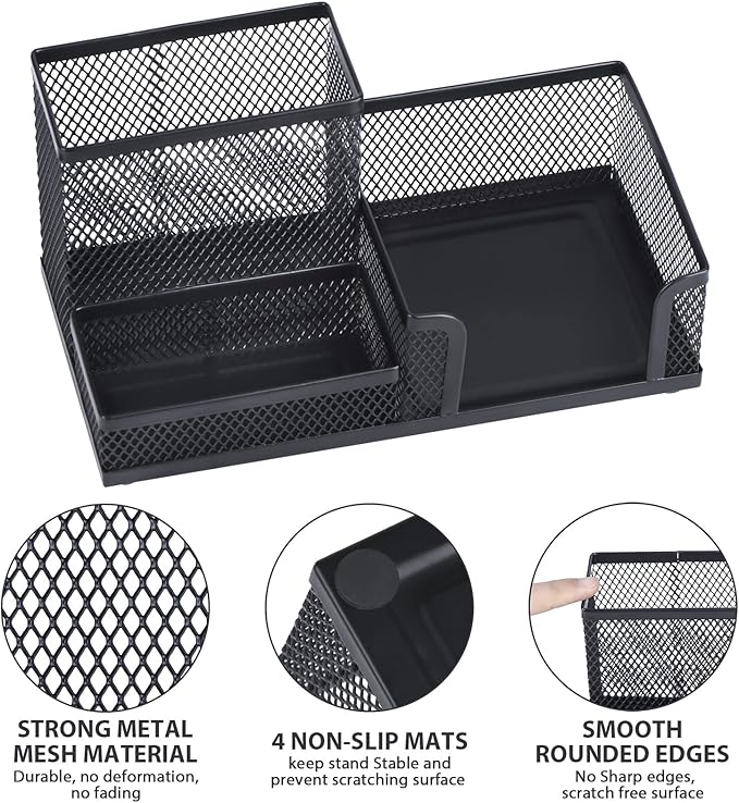 2 Pieces Pen Holder for Desk Mesh Metal Pencil Holders Pen Cup Marker Holder Desk Caddy with Sticky Notes Holder Pen Organizer for Office Supplies Workspace School Home Black-DeskLoop Office