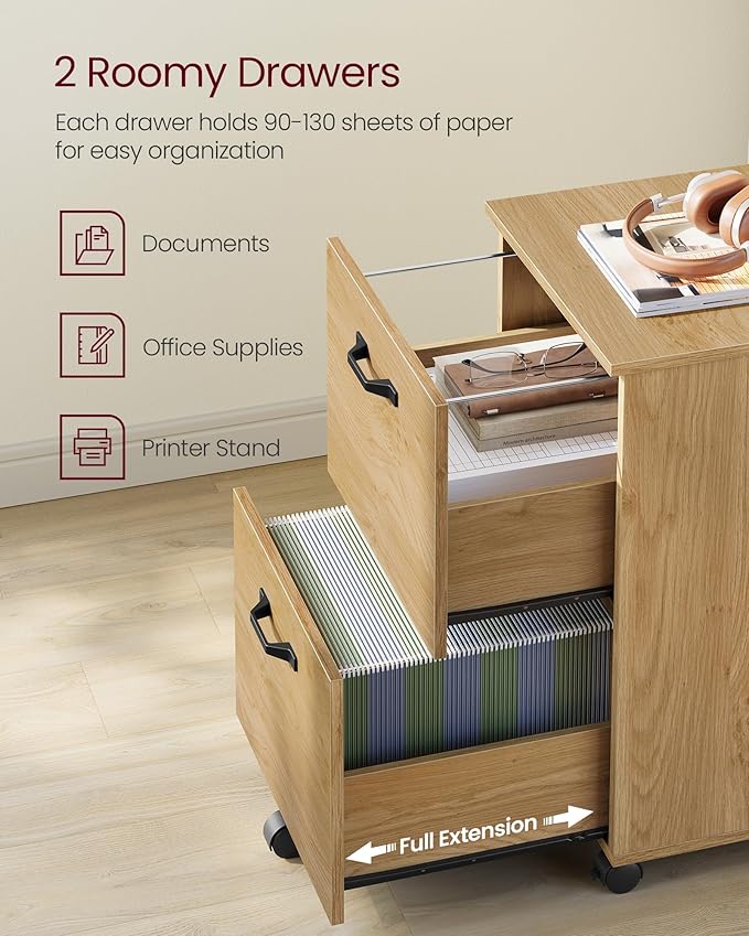 VASAGLE 2-Drawer File Cabinet, Small Rolling Filing Cabinet for Home Office, Printer Stand, for A4, Letter-Size Documents, 15.7 x 16.5 x 27.6 Inches, Straw Yellow UOFC040Y70-DeskLoop Office