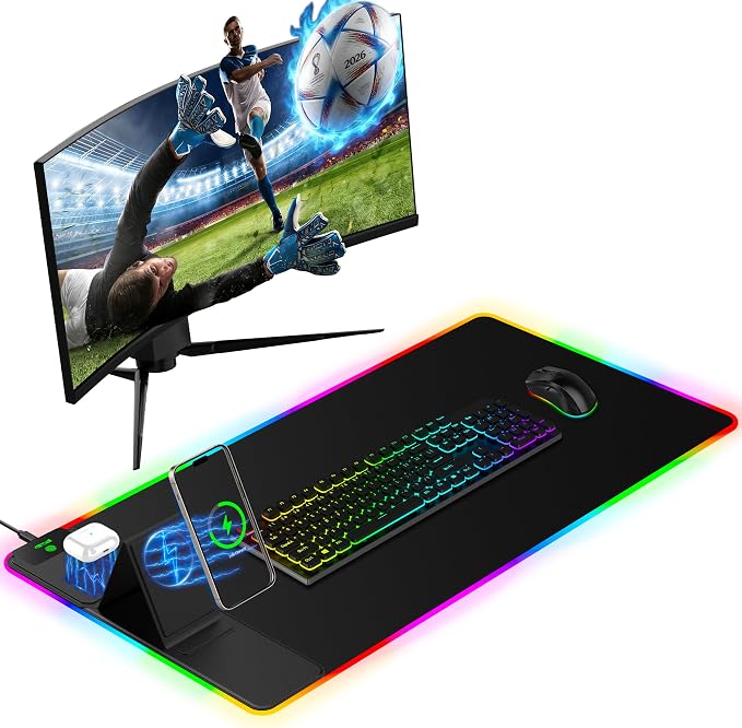 Mouse Pad with Wireless Charger Foldable Phone Holder, XXL RGB Gaming Mousepad by miroddi