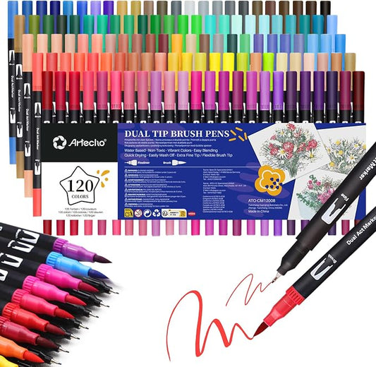 Artecho 120 Colors Markers for Adult Coloring Books, Dual Tip Markers for School by Artecho