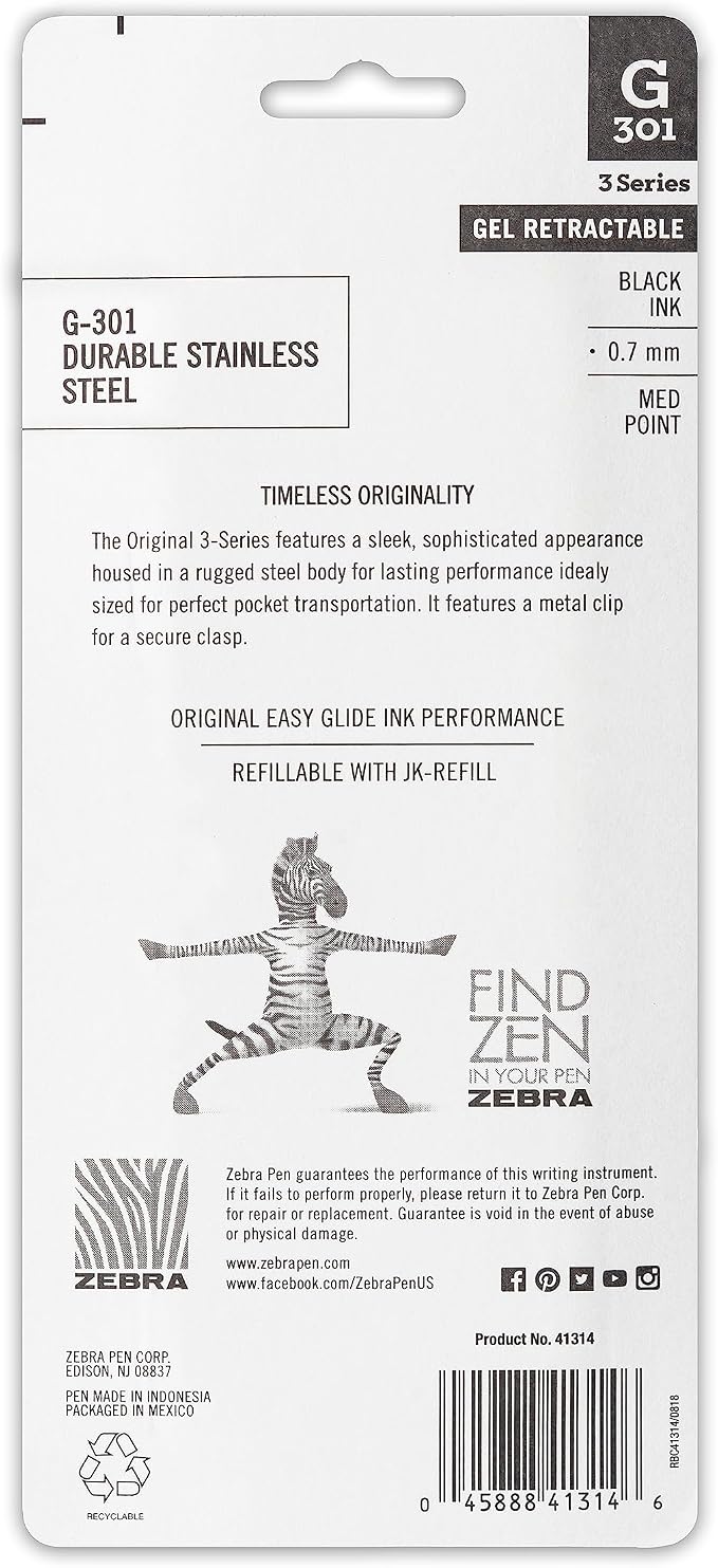 Zebra Pen G-301 Retractable Gel Pen, 0.7mm Medium Point, Stainless Steel Barrel - Image 3