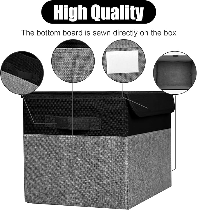 Large 22 Quart Linen Fabric Foldable Storage Bin Cube Organizer Basket with Flip-Top Lid & Handles, Clothes Blanket Box for Home, Office, Closet, Black & Gray, 4 Pack 14.6 x 9.5 x 9.5-DeskLoop Office