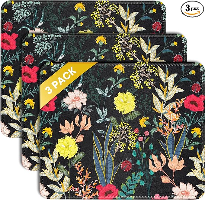 JIKIOU 3 Pack Mouse Pad with Stitched Edge, Portable Size-10.2x8.3in Flowers | by JIKIOU
