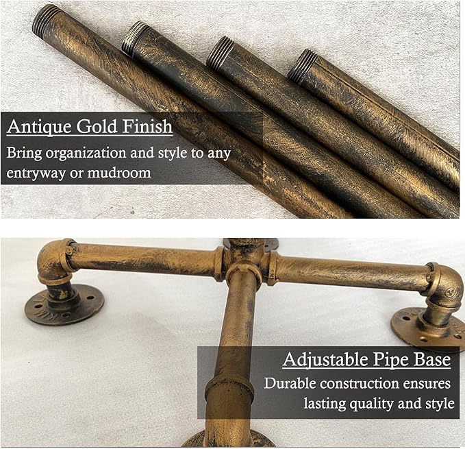 Industrial Coat Rack, Metal Pipe Coat Rack Stand Freestanding with 6 Hooks, Heavy Duty Coat Tree Sturdy Coat Racks for Entryway, Hallway, Bedroom (Vintage gold)-DeskLoop Office