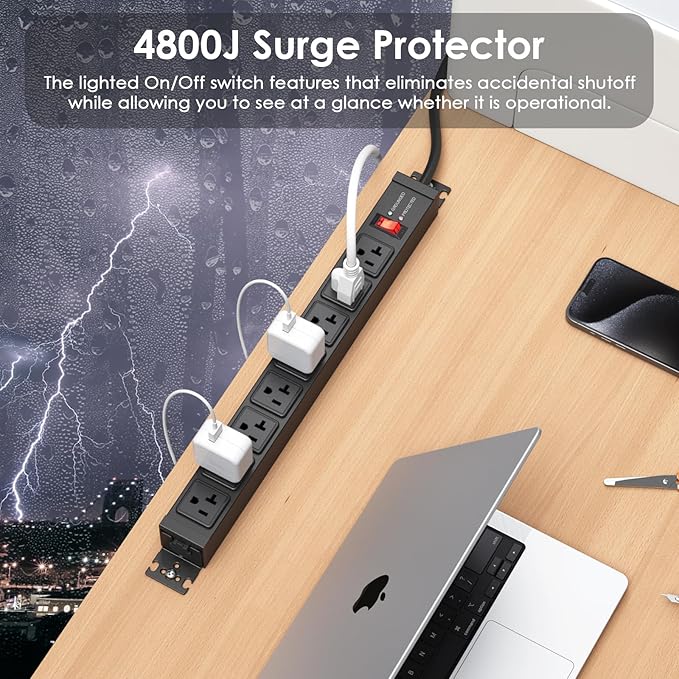 JUNNUJ 20 Amp Power Strip Heavy Duty 2 Pack, 4800J Surge Protector Metal Power Bar Multi Angle Mount, 20A Garage 8 Outlet Shop 6-20R T-Slot, 5-15P Adapter 12 Gauge Extension Cord 6ft for Appliance-DeskLoop Office