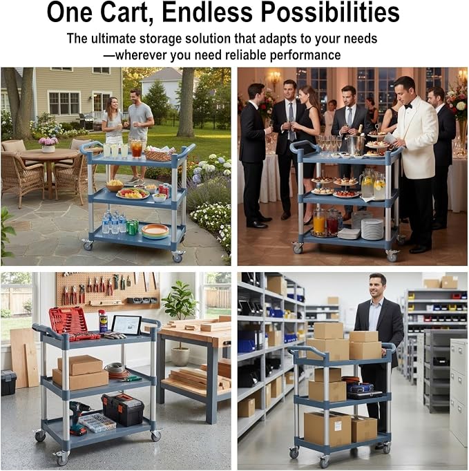 3-Tier Rolling Utility Cart on Wheels, 510 lbs Capacity Utility Service Cart - Image 7