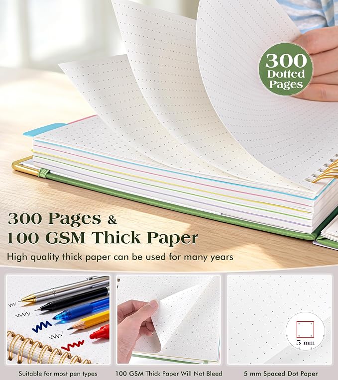 5 Subject Dotted Notebook with Removable Dividers Tabs, 300 Pages Hardcover - Image 5