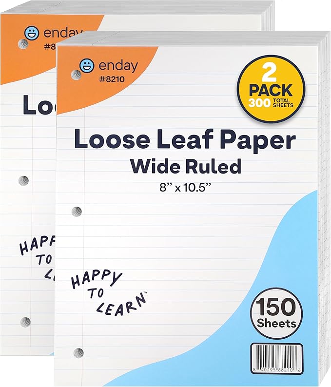 Loose Leaf Paper Wide Ruled Notebook Paper, 8" x 10.5" Filler Paper White, 3 Hole Punched Binder Paper for 3 Ring Binders, Lined Paper 150 Sheets Per Pack (2 Pack) - By Enday-DeskLoop Office