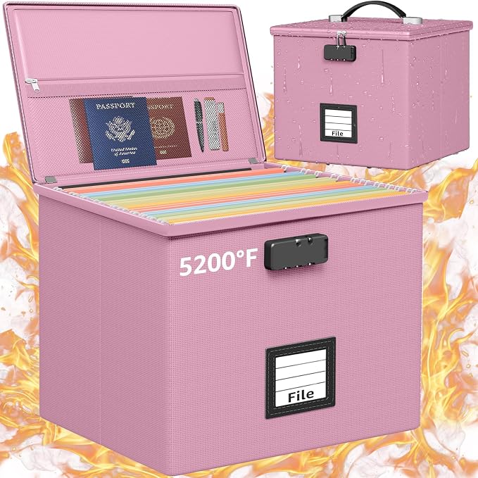 Pink Fire Proof File Box for Documents by ROSONG