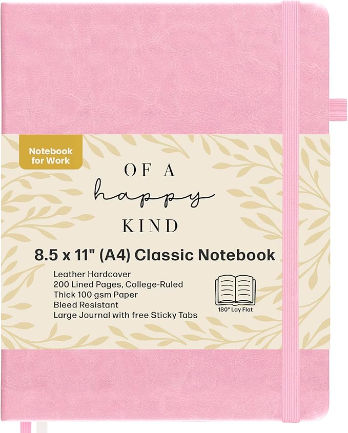 Classic Lined Journal Notebook 8.5x11" A4 Hardcover Leather - Pink - 200 Pages College Ruled Large with Sticky Tabs, Pockets, and Pen Loop for Writing and Journaling - Big Hardback Men and Women-DeskLoop Office
