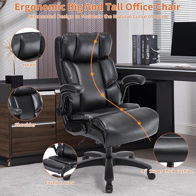 Big and Tall Office Chair 500lbs Wide Seat Executive Office Desk Chair High-Back Office Task Chair with Flip-Up Armrest, Ergonomic Lumbar Support Computer Office Chairs for Heavy People(Black)-DeskLoop Office