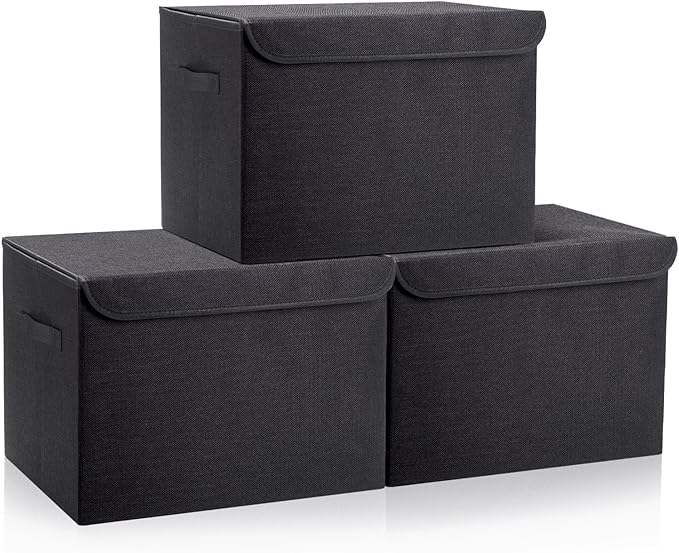 Large 17" 42 Quarts Collapsible Stackable Storage Bins with Lids [3-Pack] Foldable Fabric Linen Storage Boxes Cube, Closet Organizer Baskets with Label (16.7 x 12 x 12", Black)-DeskLoop Office
