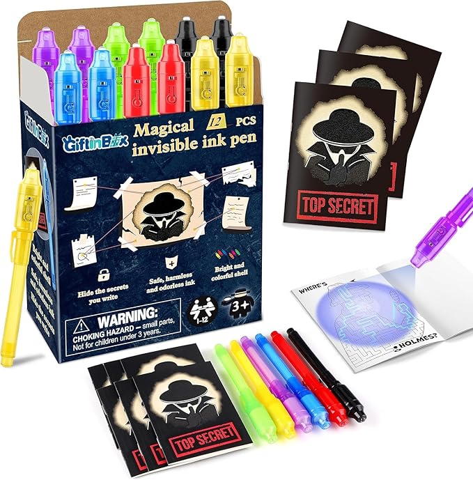 GIFTINBOX Invisible Ink Pens with UV light for Kids, Spy Pen Party Favors for Kids 8-12, 12 Pack Invisible Ink Pen and Notebook, Magic Marker for Secret Message Birthday Party Favors for Kid 4-8-DeskLoop Office