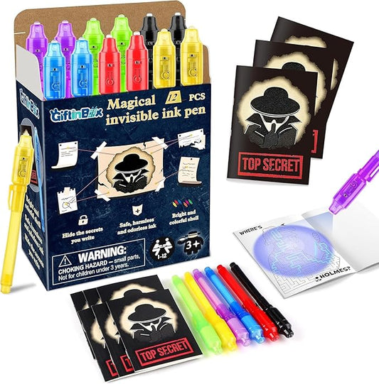 GIFTINBOX Invisible Ink Pens with UV light for Kids, Spy Pen Party Favors for Kids 8-12, 12 Pack Invisible Ink Pen and Notebook, Magic Marker for Secret Message Birthday Party Favors for Kid 4-8-DeskLoop Office