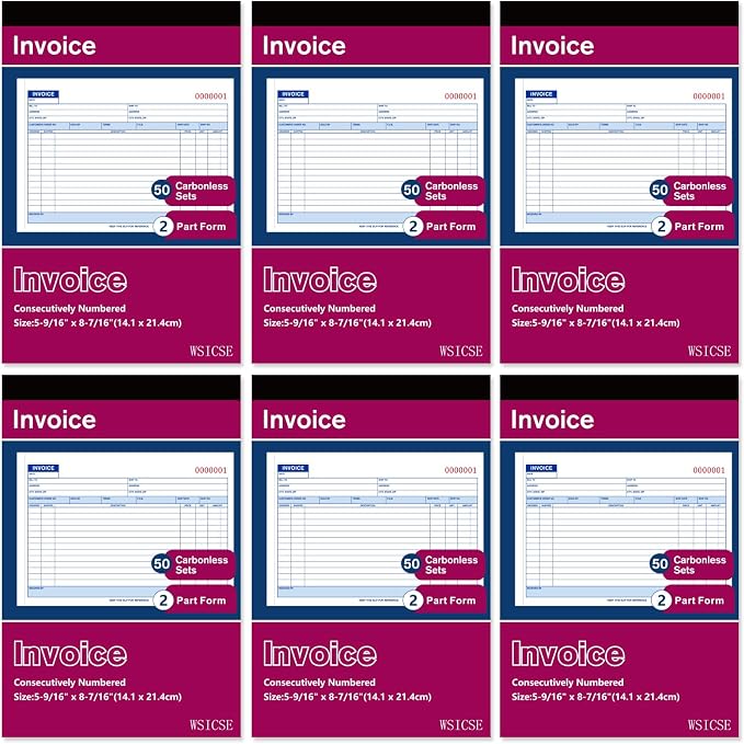 6 Pack Invoice Receipt Book, 2-Part Carbonless, 5-9/16" x 8-7/16" Invoice Book by WSICSE