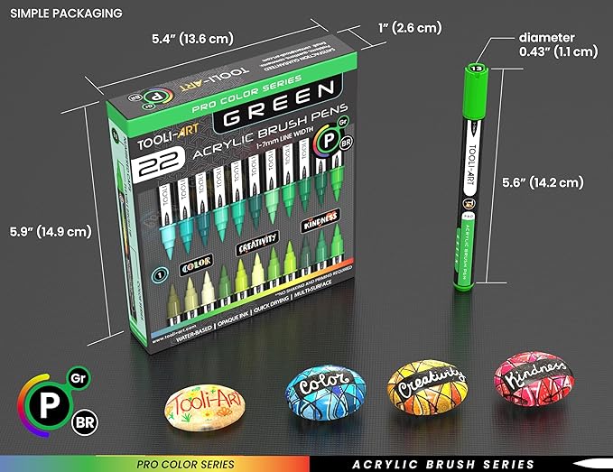 22 Flexible Brush Tip Acrylic Paint Pens Markers Set 1-7mm Line for Rock Painting, Brush Lettering, Glass, Mugs, Wood, Metal, Canvas, Fabric, Plastic. Non Toxic Waterbased Quick Drying Assorted Green-DeskLoop Office