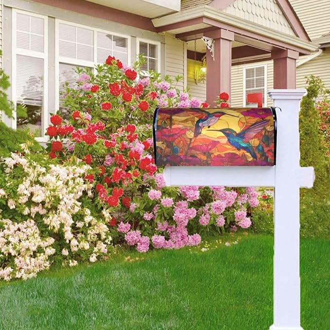 Stained Glass Hummingbird Welcome Magnetic Mailbox Cover, Flowers Mailbox Wrap - Image 9