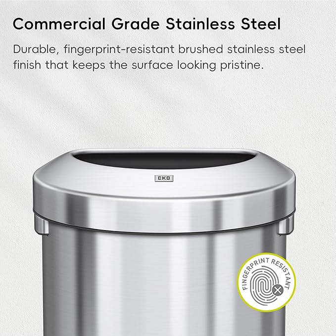 EKO Urban 16 Gallon Semi-Round Open Top Waste Bin, Stainless Steel Half Round Commercial Trash Can for Indoor and Outdoor, Extra Large Metal Garbage Bin for Home, Office, Restaurant, Restroom, 60L-DeskLoop Office