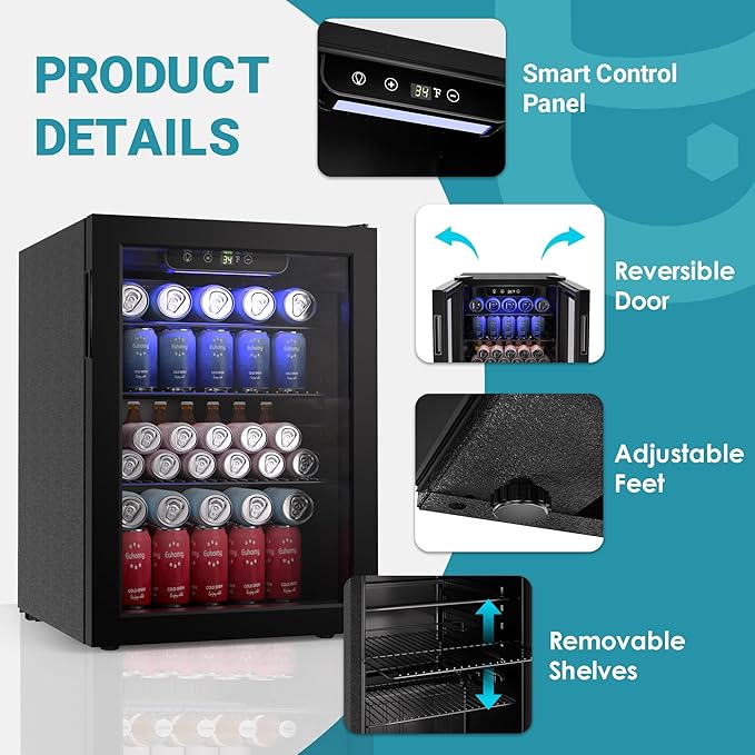 EUHOMY 100 Can Beverage Refrigerator cooler-Mini Fridge Glass Door for Beer Drinks Wines, Freestanding Beverage Fridge with Adjustable Shelves Blue LED for Home/Office/Dorm/Bar, 2.7 cu.ft-DeskLoop Office