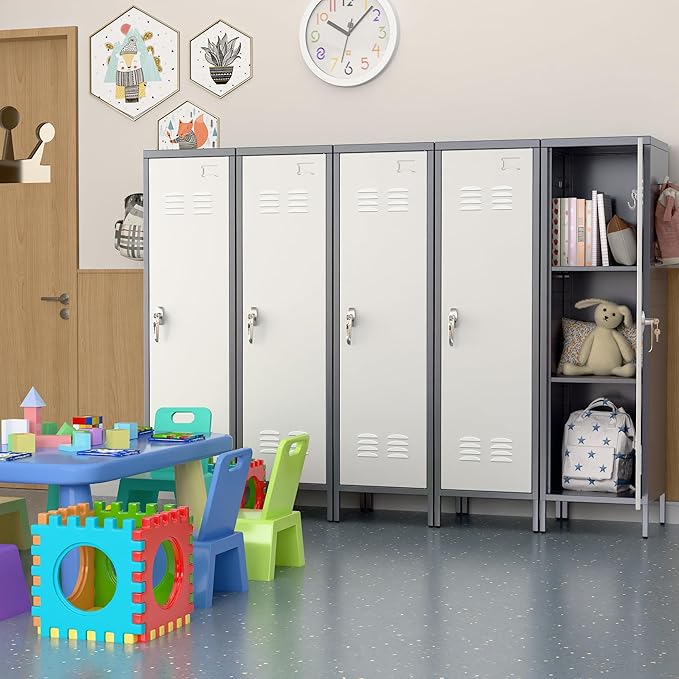 Aobabo Metal 54" H Metal Storage Locker for Employees, Lockable 1 Door with Towel Rack and 2 Side Pegboards with Hooks for Home School Office Gym, Assembly Required (Gray White)-DeskLoop Office