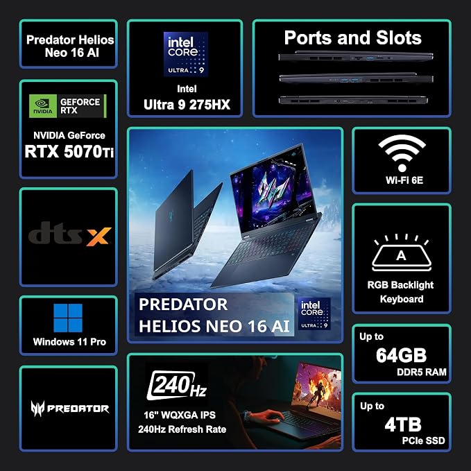 Acer Predator Helios Neo 16 AI Gaming Laptop 16" 2560x1600 IPS 240Hz Intel - Image 3