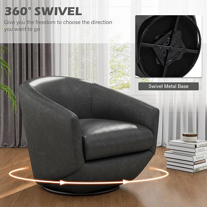 UIXE 360° Swivel Barrel Accent Chair, PU Leather Upholstered Club Armchair for Living Room, Modern Round Arm Chair Single Sofa Bedroom Reading Seating (Black)-DeskLoop Office