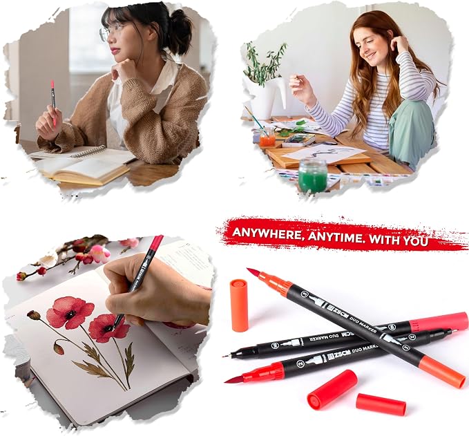ZSCM Red Duo Tip Marker Pens, 12 Pack Fine & Brush Markers - Image 7