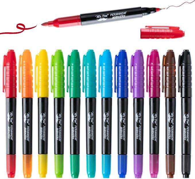 Mr. Pen- Dual Tip Permanent Markers, 12 Pack, Fine & Ultra Fine Tip | Fine Tip by MrPen