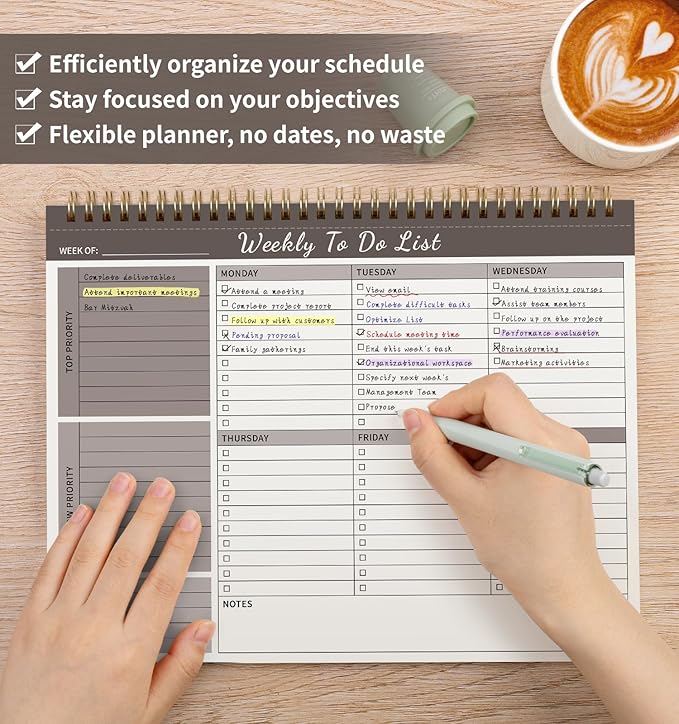 Weekly To Do List Notepad, 52 Undated Sheets （8.5"×11") Duplex-printed Weekly Planner Notepad For Work Home School Office Desk Accessories Supplies & Goal Setting Tasks - Brown-DeskLoop Office