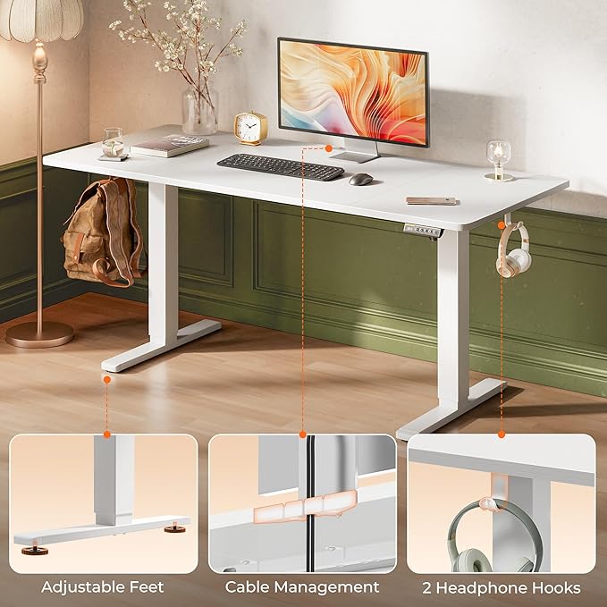 Huuger 63 x 28 Large Electric Standing Desk, Height Adjustable Computer Desk, 27.6" Deep Desktop, Stand up Gaming Office Table with 2 Hooks, 3 Preset Heights, for Home Office, White-DeskLoop Office