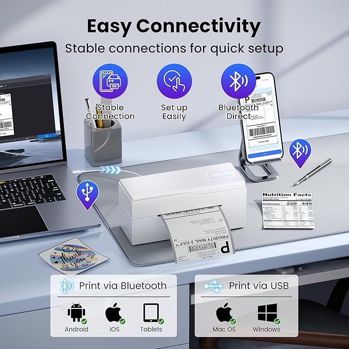 Bluetooth Thermal Label Printer – 4x6 Shipping Label Printer for Small Businesses & Shipping Packages, Compatible with Android, iPhone, and Windows, Ideal for Amazon, eBay, Shopify, Etsy (White)-DeskLoop Office