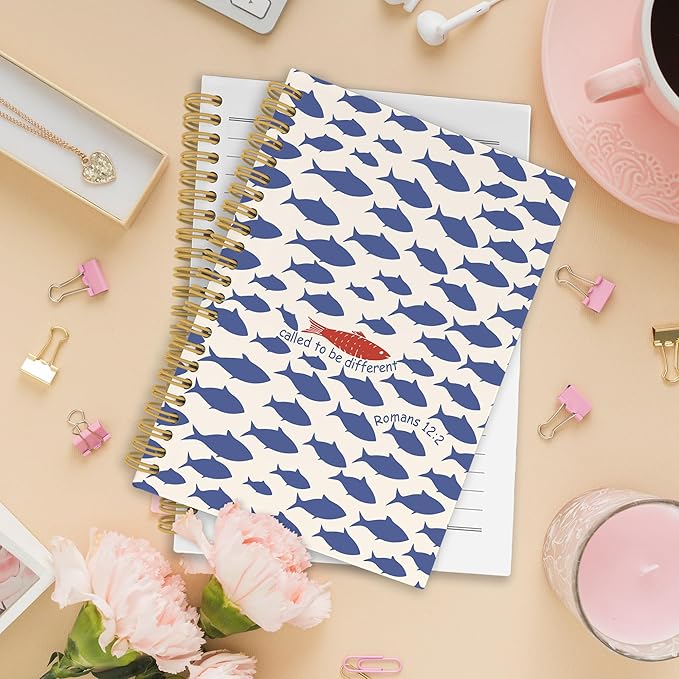 Christian Fish Spiral Notebook, Coastal Beach Bible Journaling Notebooks for Note Taking, Ocean Fish Hardcover Journals for Women Men 160 Pages 5.5 x 8.3 Inch, Christian Gifts for Women-DeskLoop Office