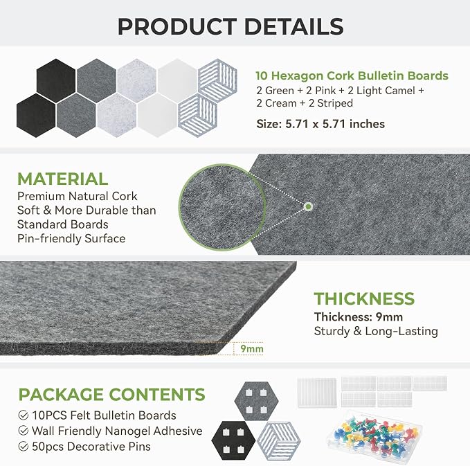 10 Pack Hexagon Felt Bulletin Board Tiles, 9mm Thick Pin Board - Image 3