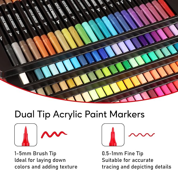 120 Colors Acrylic Paint Markers, Dual Tip Fine Tip and Brush Tip Pens Contain 24 Metallic Color for Stone, Wood, Calligraphy, Canvas, Ceramic, Metal, Glass, Rock Painting, DIY Crafts-DeskLoop Office