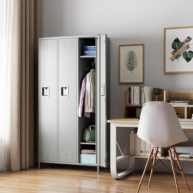 Metal Storage Locker with 3 Doors,Metal Locker for Employees with 9 Hooks for School Garage Office Gym Home,Assembly Required,Light Grey-DeskLoop Office