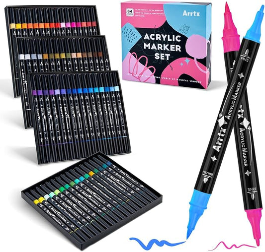 Arrtx Acrylic Paint Markers 64 Colors, Dual Tip Acrylic Paint Pens by Arrtx