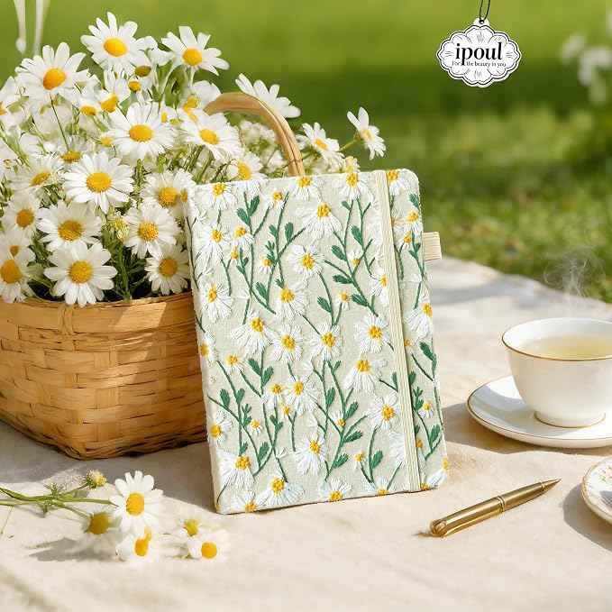 Daisy Gifts, Embroidered Journal, Floral Notebook, Wide Ruled Paper, Lay Flat - Image 2