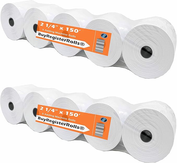 (2 Packs of 5 Rolls) 2 1/4 x 150 ft White Adding Machine Tape Paper (10 Rolls - 50 GSM) Premium One Ply Register/Adding Machine/Calculator Paper Rolls Printing Calculator 10 Key-DeskLoop Office
