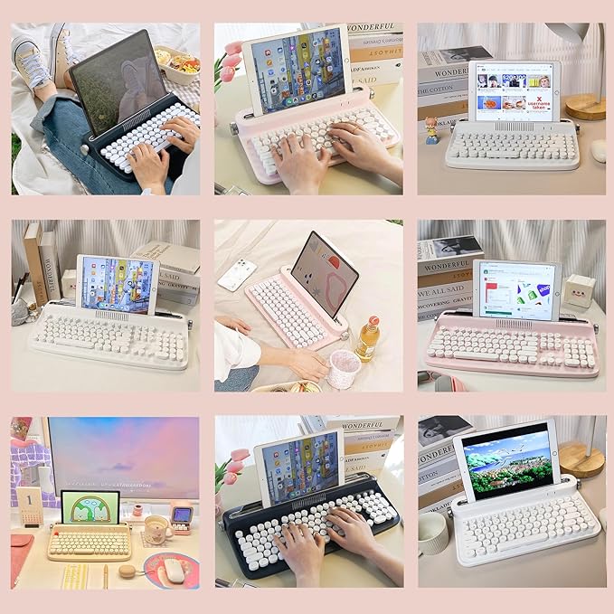 YUNZII ACTTO B303 Wireless Typewriter Keyboard, Bluetooth Connection, Cute Retro Aesthetic Design with Integrated Stand for Tablet, Phone, PC and Win/Mac/Android(B303, Baby Pink)-DeskLoop Office