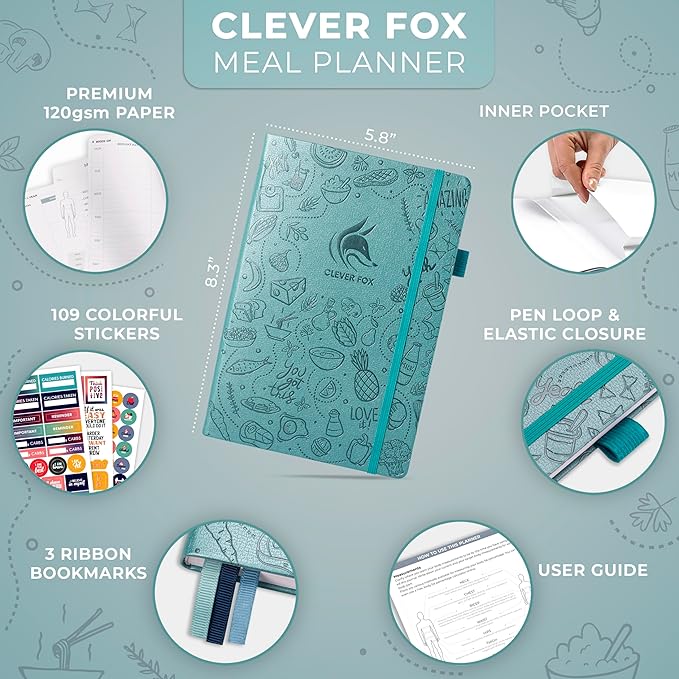 Clever Fox Weekly Meal Planner - Weekly & Daily Meal Prep Journal with Shopping and Grocery Lists for Menu Planning, Healthy Diet & Weight Loss Tracking, Lasts 1 Year, Undated, A5 - Aquamarine-DeskLoop Office
