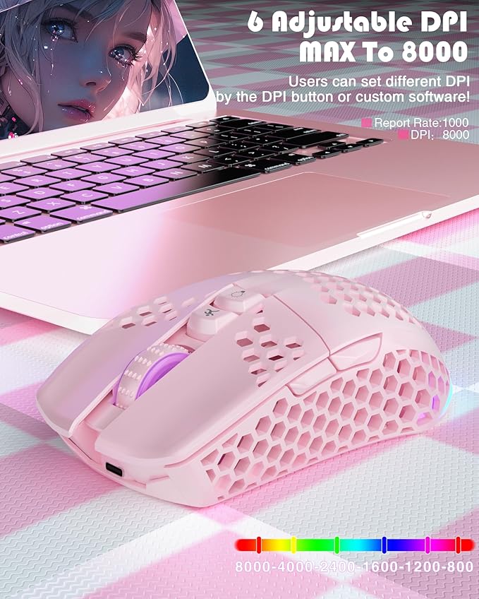 SM600 Pink Wireless Gaming Mouse with Honeycomb Shell, Side Buttons,Tri-Modes(BT5.1+BT5.1+2.4GHz) Lightweight RGB Wireless Mouse for PC/Tablet/Desktop/Office/Games-DeskLoop Office