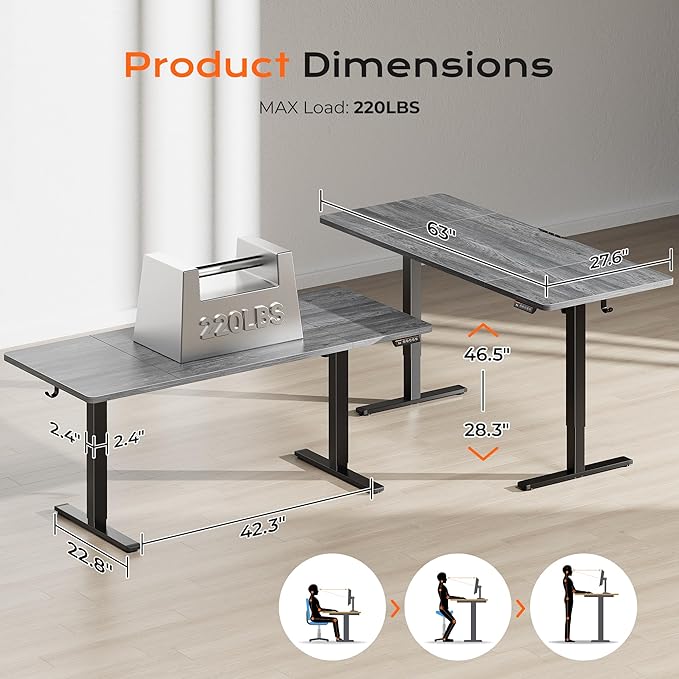Huuger 63 x 28 Large Electric Standing Desk, Height Adjustable Computer Desk, 27.6" Deep Desktop, Stand up Gaming Office Table with 2 Hooks, 3 Preset Heights, for Home Office, Grey-DeskLoop Office