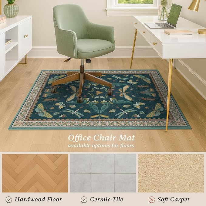 3'x4' Teal Office Chair Mat for Hardwood Floors, Insect Boho Design, Non-Slip - Image 4