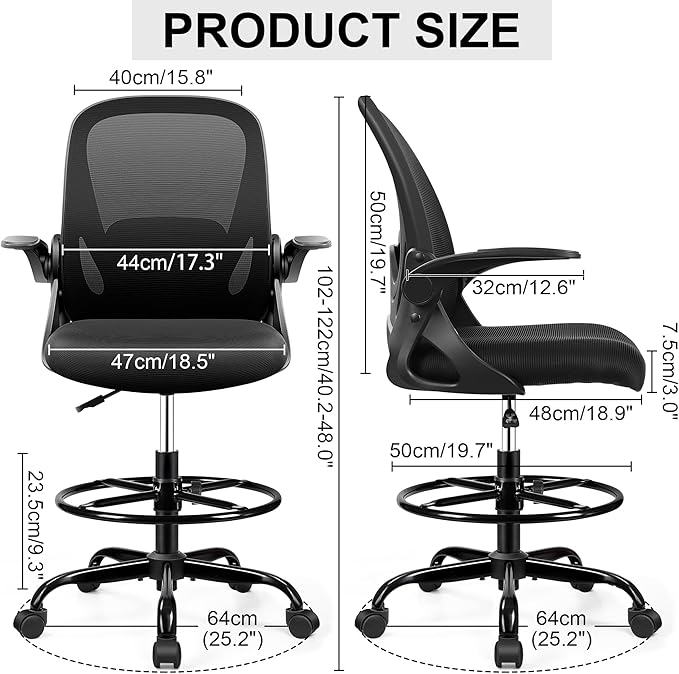 Drafting Chair Tall Office Chair with Flip-up Armrests, Adjustable Height, and Enhanced Lumbar Support - Ergonomic Rolling Stool, Back Support, and Adjustable Foot Rest Ring for Standing Desk Black-DeskLoop Office