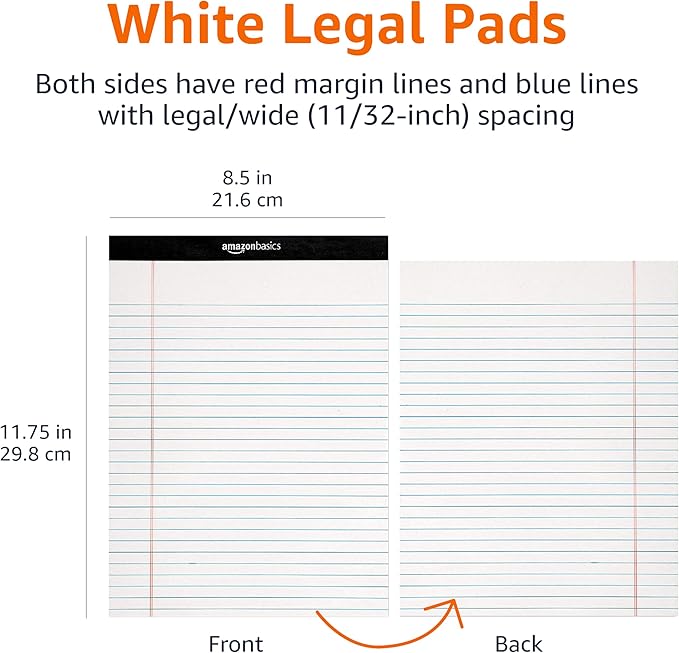 Amazon Basics Wide Ruled Lined Writing Note Pads, 8.5 inch x 11.75 inch, White, 12 Count (12 Pack of 50)-DeskLoop Office