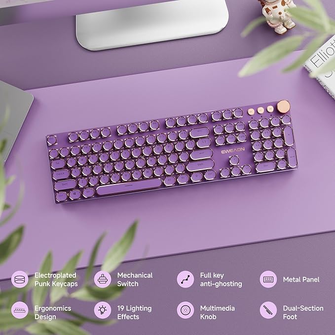 EWEADN Typewriter Style Mechanical Gaming Keyboard, Wired Mechanical Keyboards,104 Keys Backlit LED Keyboards, Media Control Knob, Wired Computer Keyboard Pink Switch for Windows/Mac/PC-Purple-DeskLoop Office