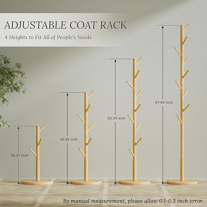Wooden Coat Rack Freestanding with Round Base, Adjustable 4 Heights Sturdy Coat Hanger Stand 9 Hooks for Hanging Bags, Hats, Save Space Coat Tree for Narrow Place, Entryway, Bedroom, Office (Natural)-DeskLoop Office