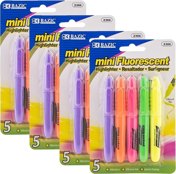 BAZIC PRODUCTS Mini Highlighters, Fluorescent, Chisel Tip, 5 Ct, cap clip by BAZICProducts